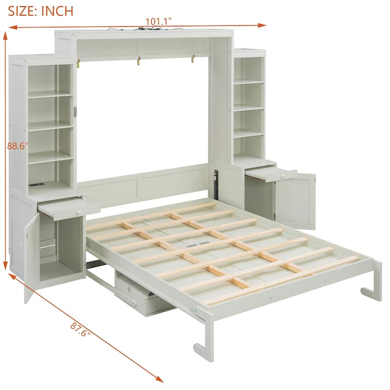 Foldable Murphy Bed Queen Size Wooden Wall Bed Framen with Built-in Desk, Top Lights, Open Shelves, Storage Drawers and Cabinets
