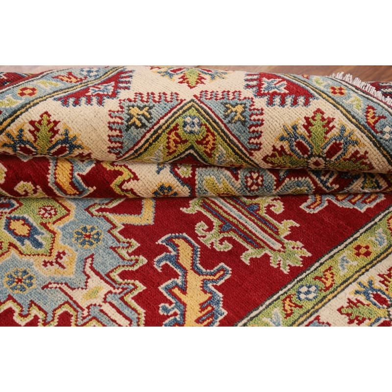 Traditional Kazak Oriental Area Rug Hand-Knotted Red Wool Carpet - 4'2" x 6'5"