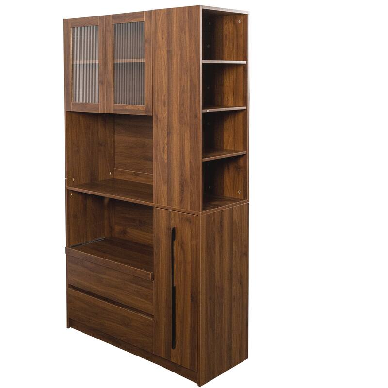 GDFStudio - Harry 70.87" Freestanding Multi-Function Pantry Cabinet with Pull-Out Shelves, Drawers & Microwave Stand