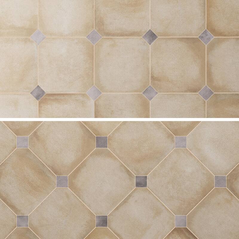Merola Tile Laverton Octagon Beige with Taco Gris 7-7/8" x 7-7/8" Porcelain Floor and Wall Tile
