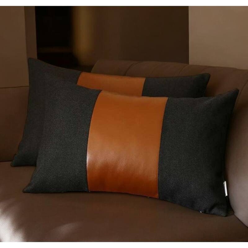 HomeRoots Set Of Two 20" X 12" Black And Brown Polyester Geometric Zippered Pillow - Bed Rest - Polyester