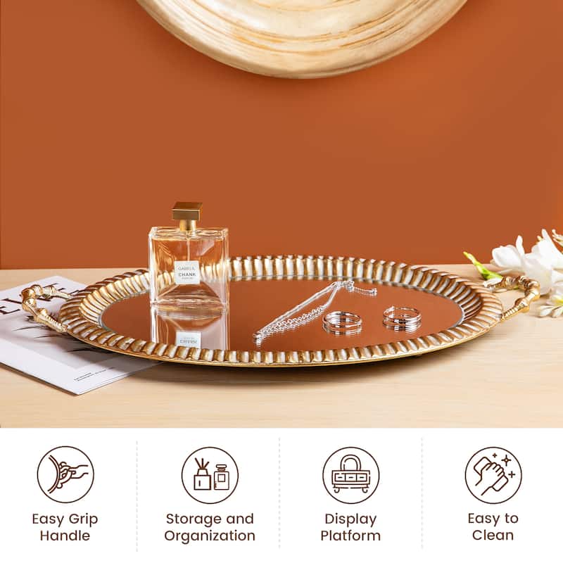 Glitzhome Set of 2 Oval Metal Gold Mirrored Decorative Trays with Handles -12" & 20"L