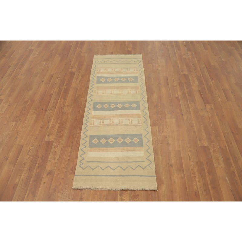 Hand Woven Oriental 100% Wool Carpet Southwestern Tribal Beige & Ivories Kilim Runner Rug - 5' 9'' X 2' 0''