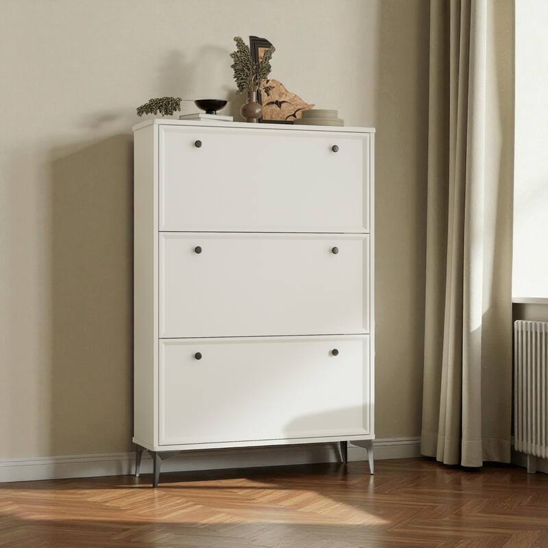 31.5" Modern White Shoe Cabinet with 3 Flip Drawers, Slim Entryway Shoe Storage Organizer with Adjustable Shelves - White