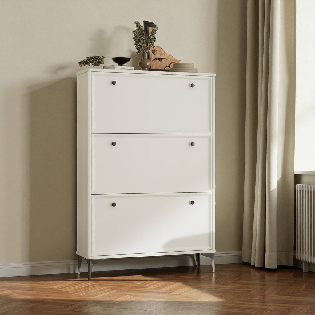 31.5" Modern White Shoe Cabinet with 3 Flip Drawers, Slim Entryway Shoe Storage Organizer with Adjustable Shelves