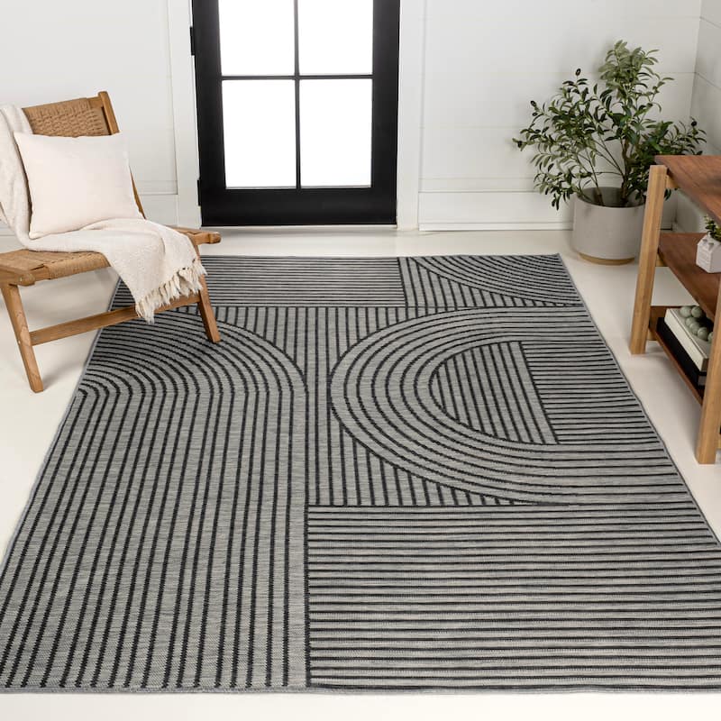 JONATHAN Y Reversible Bijan Mid-Century Modern Arch Stripe Machine-Washable Cream/Beige Indoor/Outdoor Rug