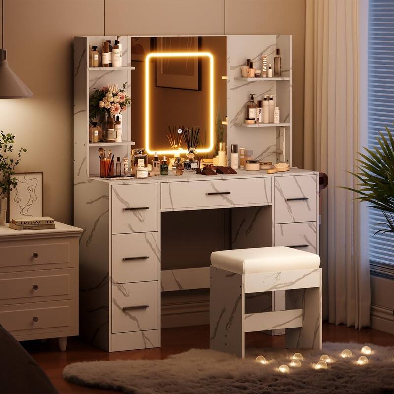 Vanity Desk with LED Lighted Mirror and Stool, 7 Drawers, 6 Open Shelves