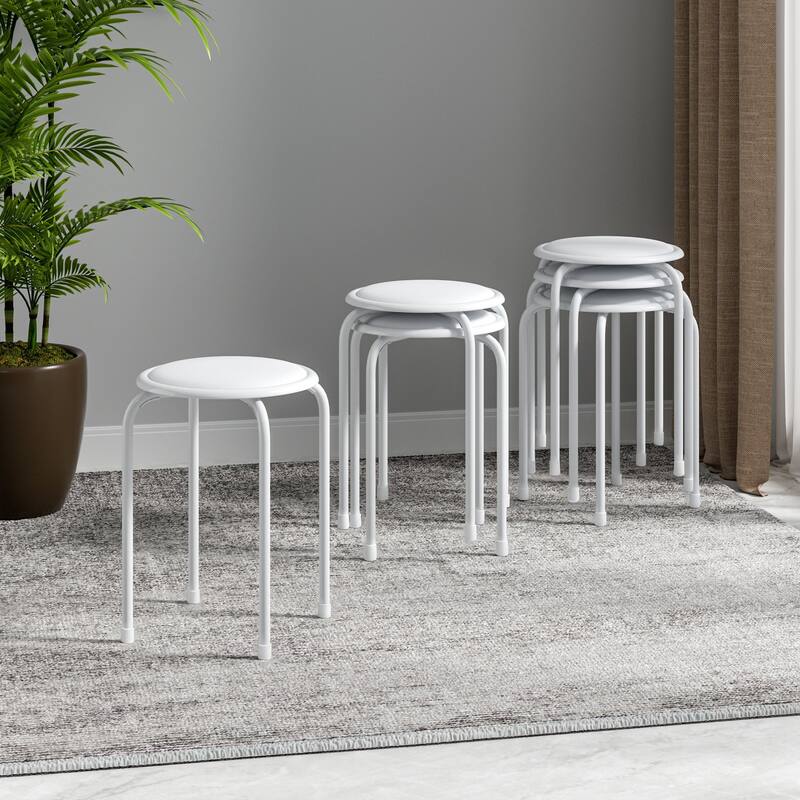 Javlergo Set of 6 Stackable Backless Stools PVC Padded Round Seats with Metal Frame Indoor Outdoor Use for Kitchen Livingroom - White