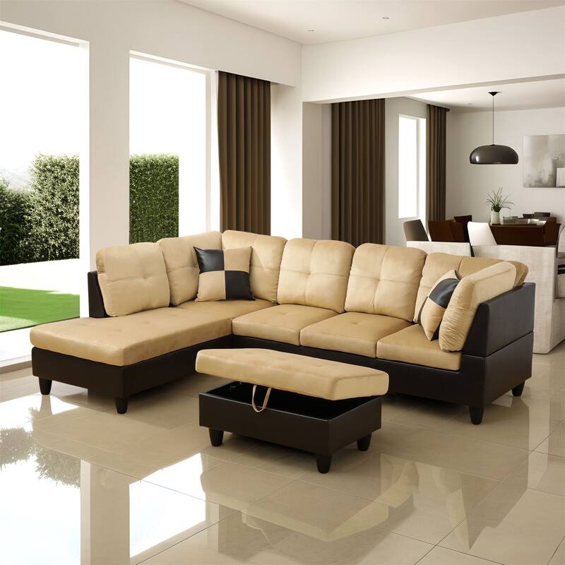 Beige and Brown Color Lint And PVC 3-Piece Couch Living Room Sofa Set