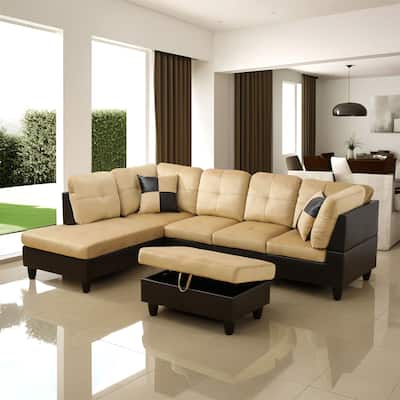 Beige and Brown Color Lint And PVC 3-Piece Couch Living Room Sofa Set