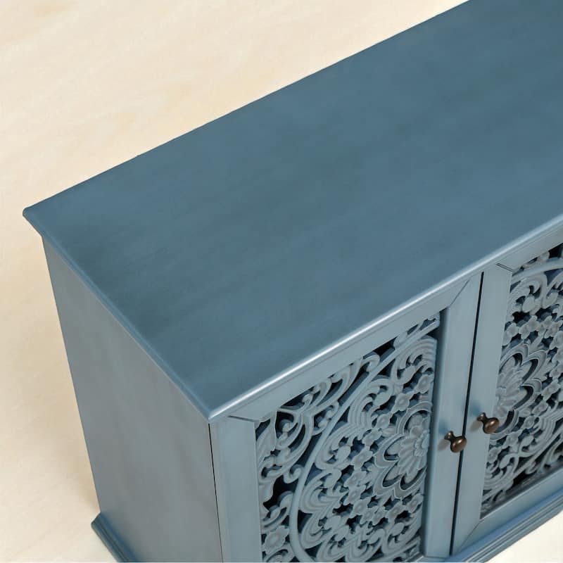 60" Antique Buffet Sideboard with Floral Carvings, Solid Wood Legs, Brass Handles & Adjustable Shelves, TV Stand up to 65"