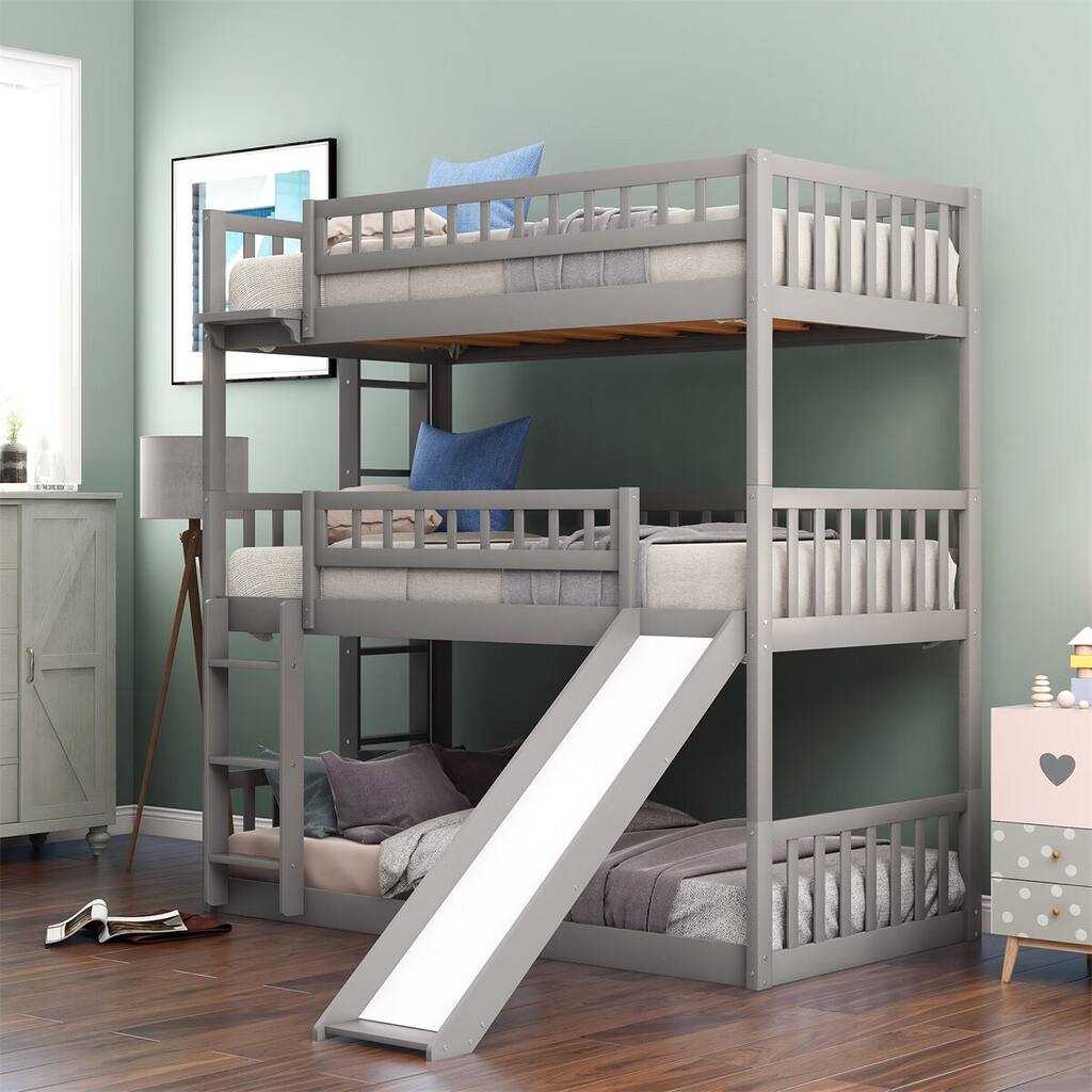 Merax Twin Triple Bed with Built-in Ladder, Slide & Guardrails