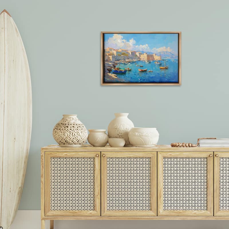 Stupell Nautical Harbor Coastal Town Framed Floater Canvas Wall Art Design By LSR Design Studio