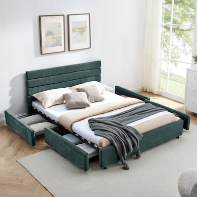 Queen Size Wood Storage Bed w/ Headboard and Solid Comfortable Cushioned Bed Frame - Black