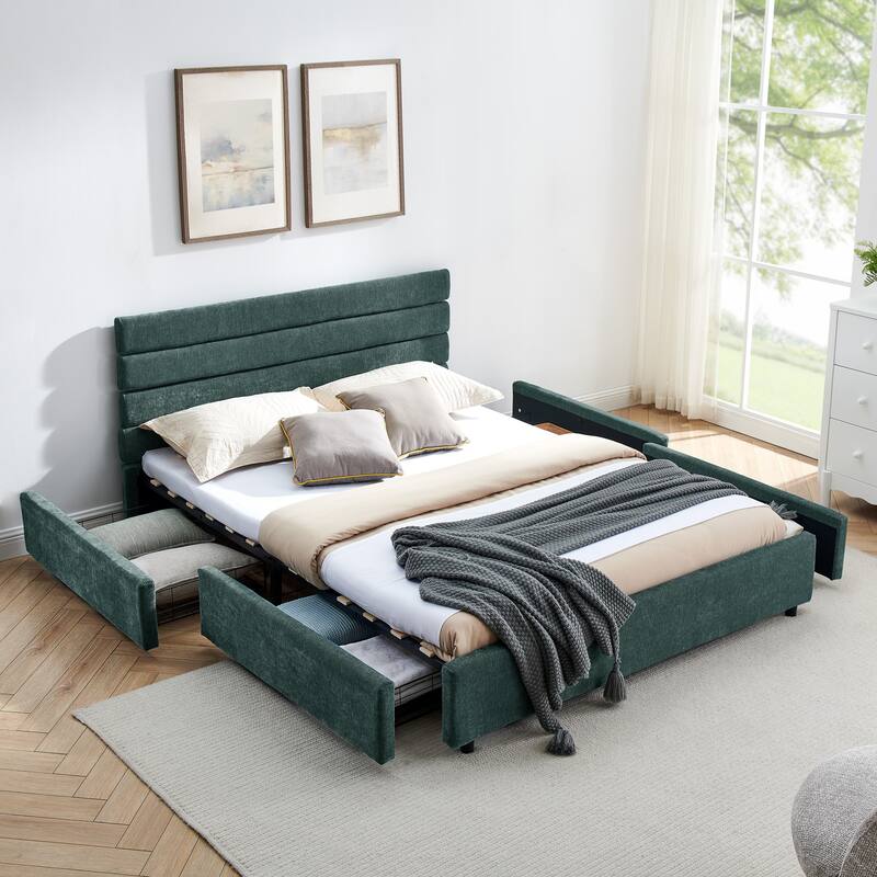 Queen size cushioned bed, comfortable cushioned bed frame, headboard and solid bed frame - Blue+Green