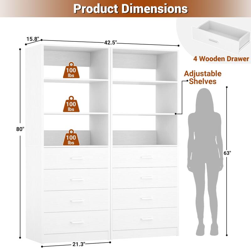 Freestanding Closet Organizer with 4 Drawers and 4 Shelves, Wooden Closet System for Walk-in Closet
