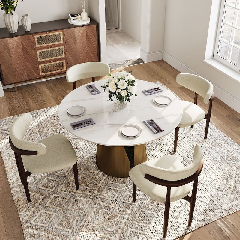 Modern Round White Dining Table，Sintered Stone Tabletop, Solid Black Carbon Steel Base - 51" - Glossy White Tabletop-Bronze Base