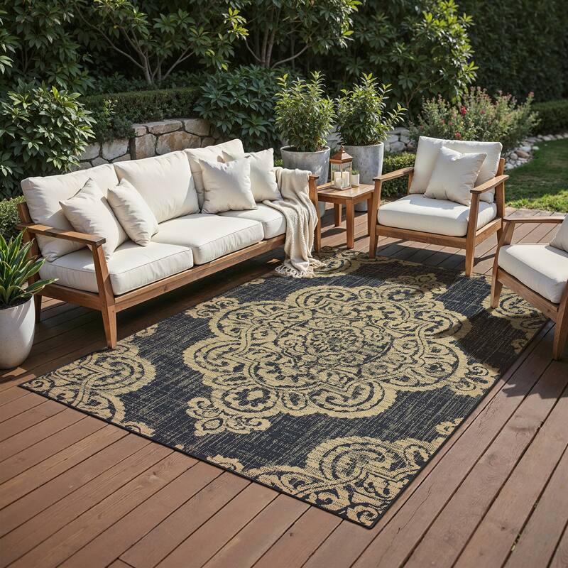 Style Haven Marianna Center Medallion Loop Pile Indoor Outdoor Rug - 3' 7" x 5' 6" - Black/Tan - Rectangle
