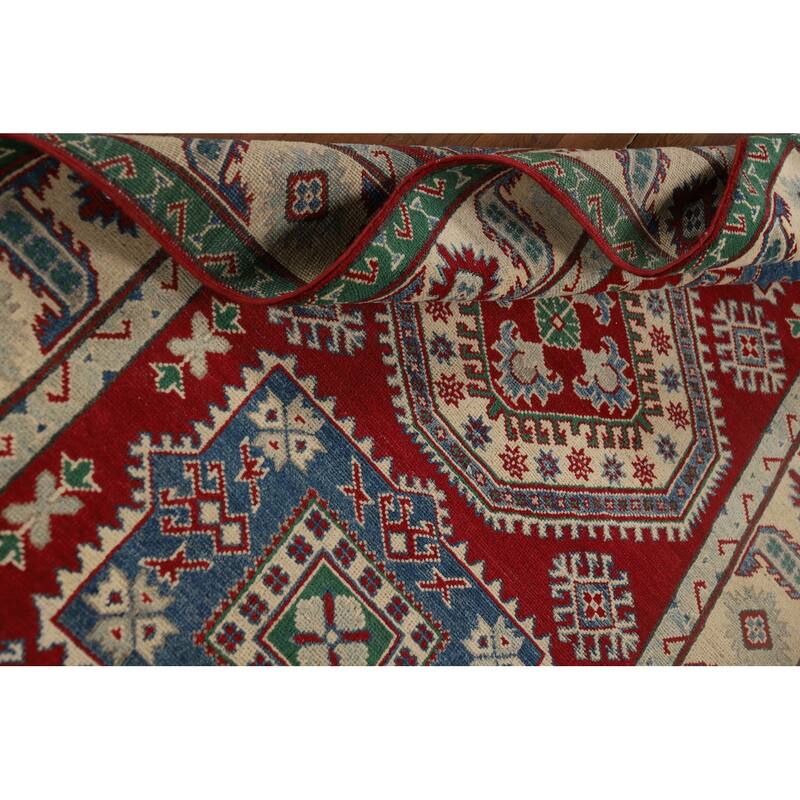 Red Geometric Kazak Runner Rug Handmade Wool Carpet - 4'0" x 13'5"