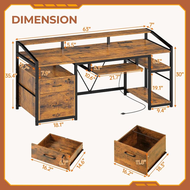LED Computer Desk With Lock Drawers Keyboard Tray Power Outlet
