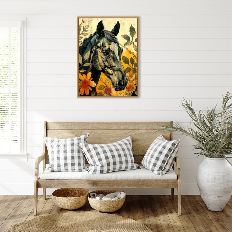 Dark Horse in Flowers by Justyna Jaszke Framed Canvas Wall Art