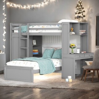 Twin Loft Bed with a Stand-alone bed, Shelves, Desk and Wardrobe, Grey