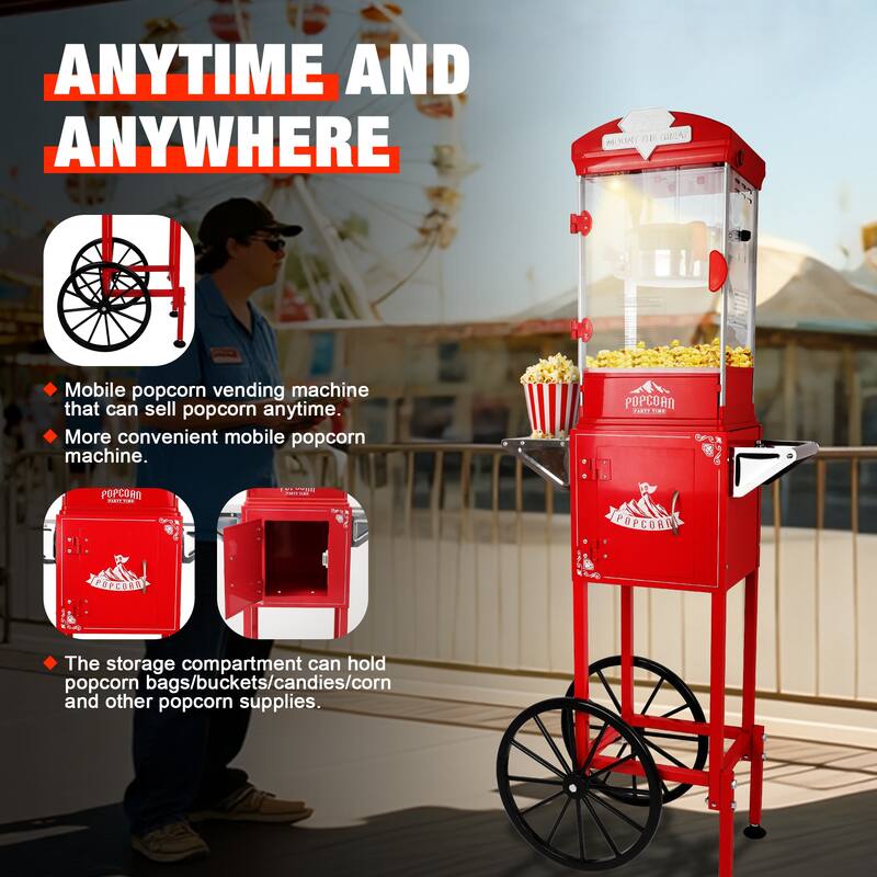 Popcorn Machine with Cart ,Wheels & 10 Oz Kettle Popcorn Maker Measuring 3 plastic spoon Home Theater Popcorn Machine
