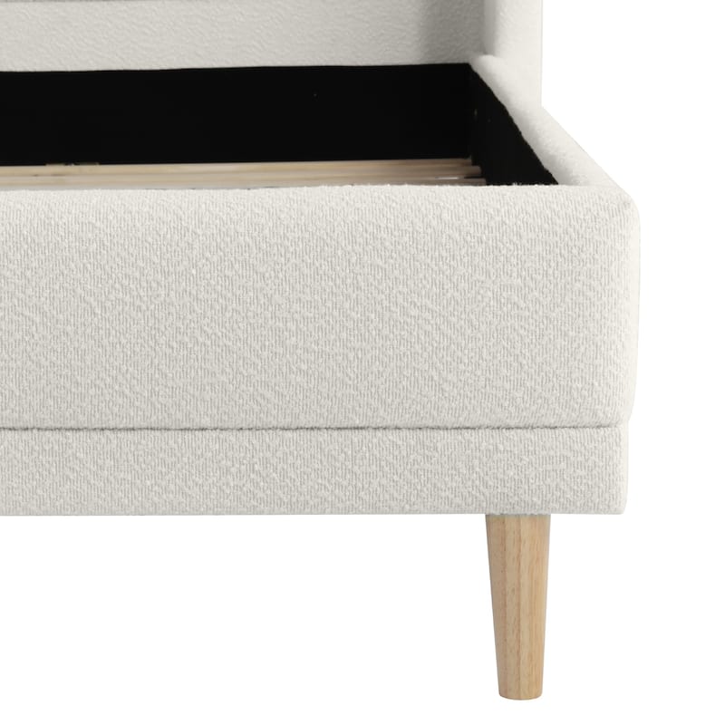 White Platform Bed, Boucle Fabric Upholstered Frame Rounded Corners Headboard Wingback Bed with Wood Slat and Center Metal Legs