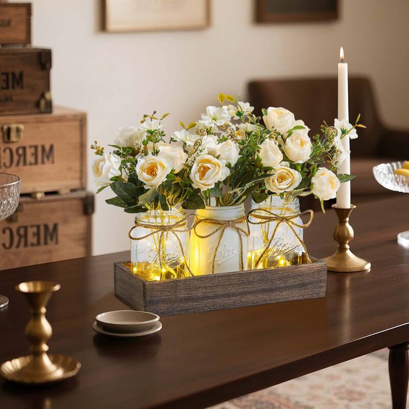 3 Pack Mason Jar Centerpiece with LED Lights & Wooden Tray, Farmhouse Floral Centerpieces for Dining Table, Coffee Table - White