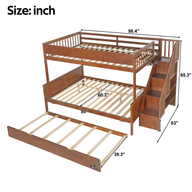 Full XL Over Queen Bunk Bed with Staircase Storage, Underbed Trundle, Open Shelf & LED Light by Harper&Bright Designs