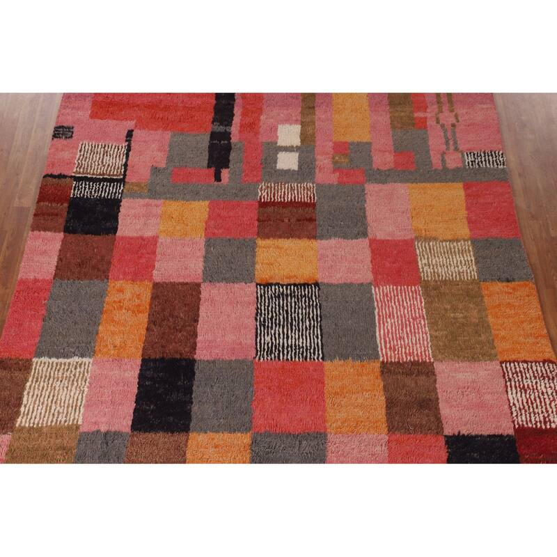 Checkered Moroccan Oriental Area Rug Hand-Knotted Wool Carpet - 7'11" x 10'0"
