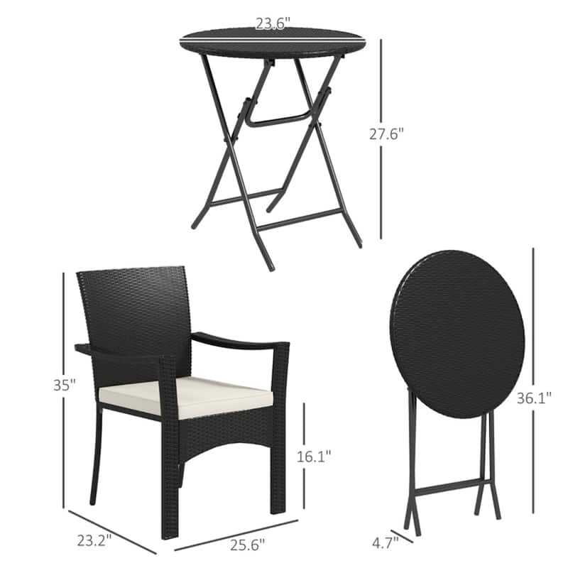 Outdoor 3-Piece Patio Bistro Set with Folding Table and Woven PE Rattan Chairs Included Cushions - 25.6" W x 23.2" D x 35" H