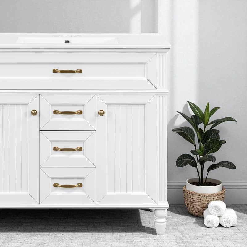 Modern 36 Inch Bathroom Vanity with Ceramic Sink, Solid Wood Frame, Golden Handles, Flip-Out Top Drawer & Storage Cabinet