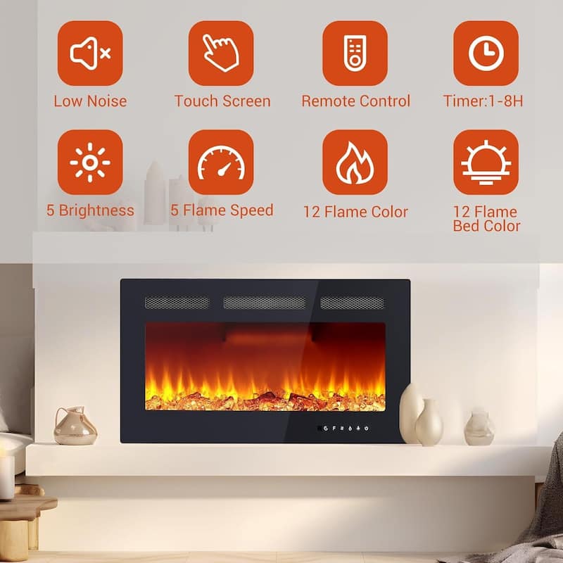 36 Inch Wall Built-in Electric Fireplace Heater for Bedrooms, Living Room - N/A