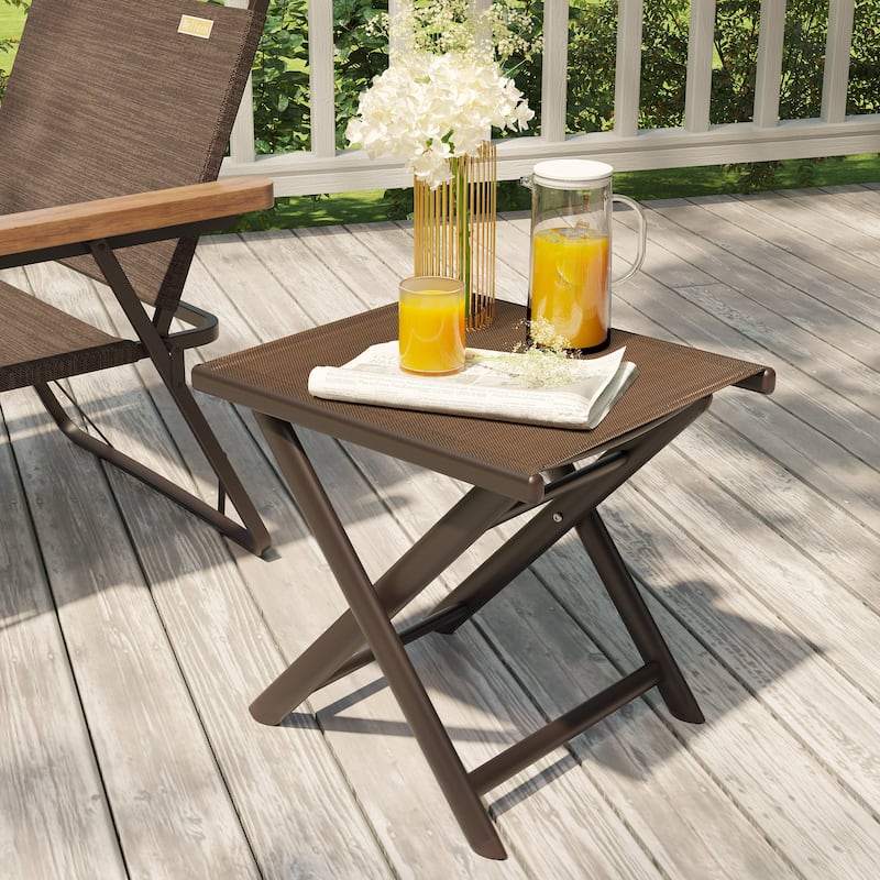 Outdoor Patio Folding Side Table Ottoman Camping End Table Plant Stand - 14.8in W x 17.1in L x 16.3in H - Brown-1PC