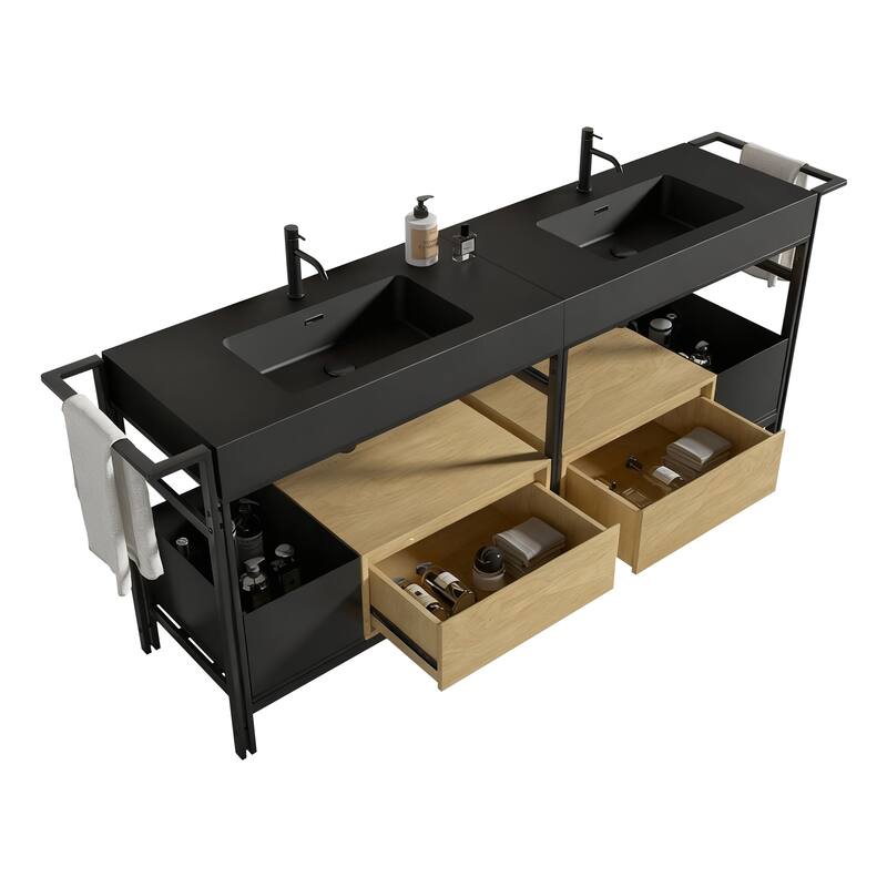 GDFStudio - Forte Industrial Metal Frame Bathroom Vanity with Artificial Stone Basin, Towel Rack & Open Storage