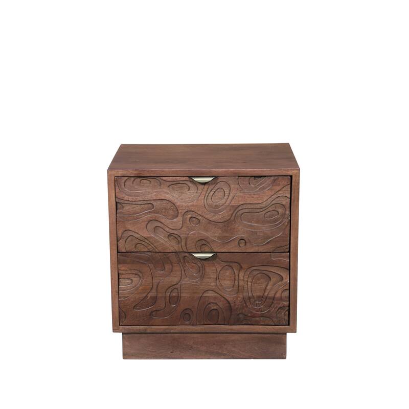 Modern Solid Wood Carved Nightstand with 2 Drawers - Dark Brown