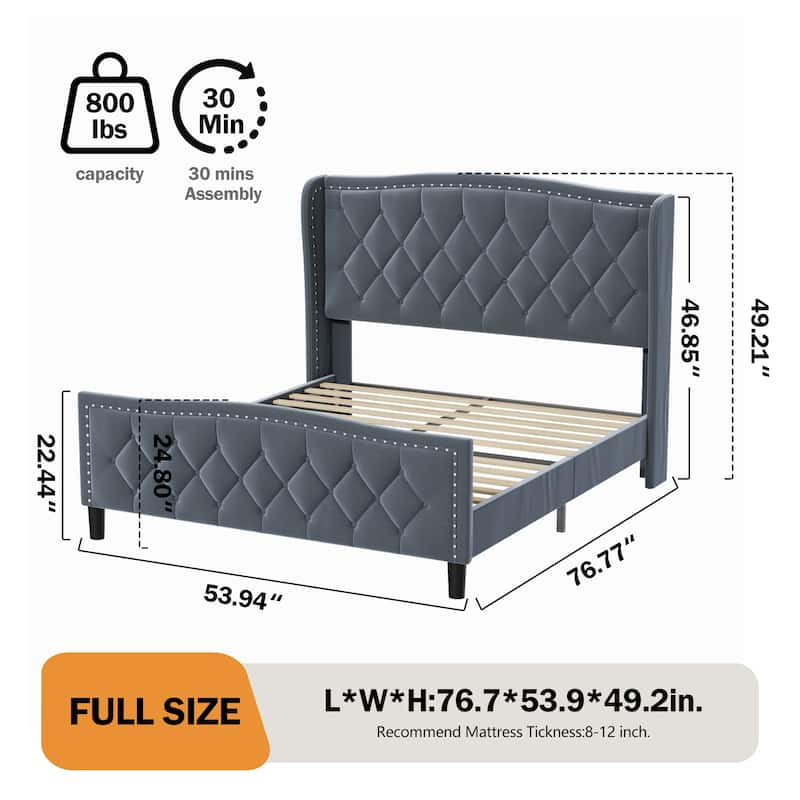 Modern Upholstered Velvet Platform Bed with Wingback Headboard and Wood Slat Support