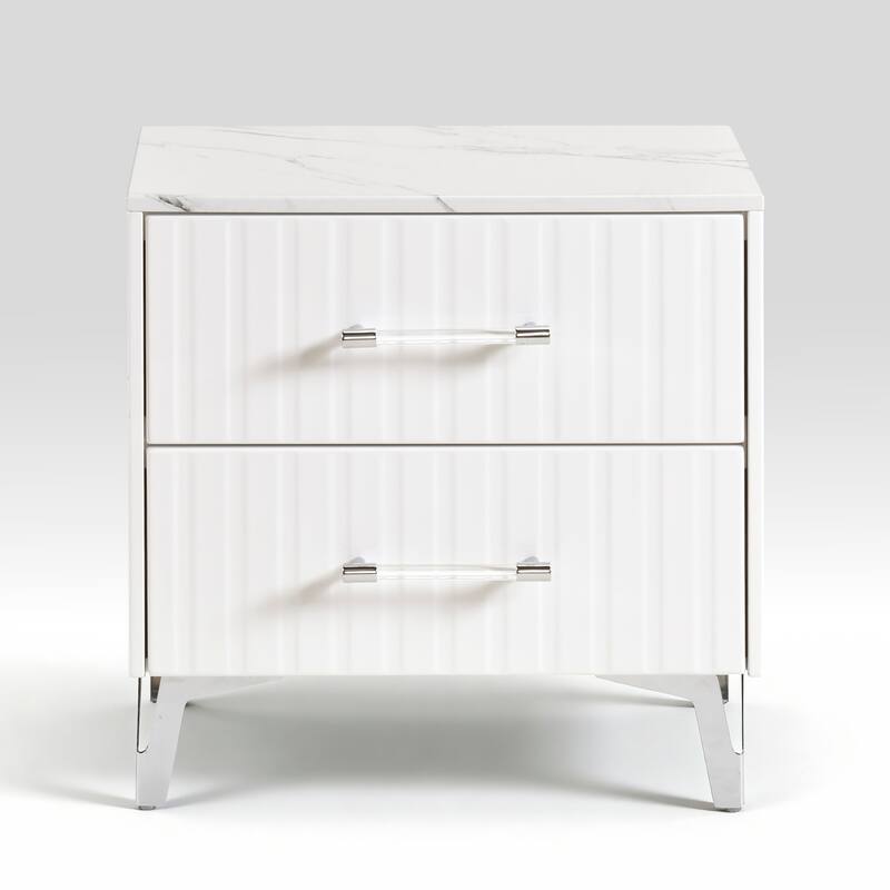 Glam Nightstand - White Faux Marble Top with Chrome Legs & 2 Drawers