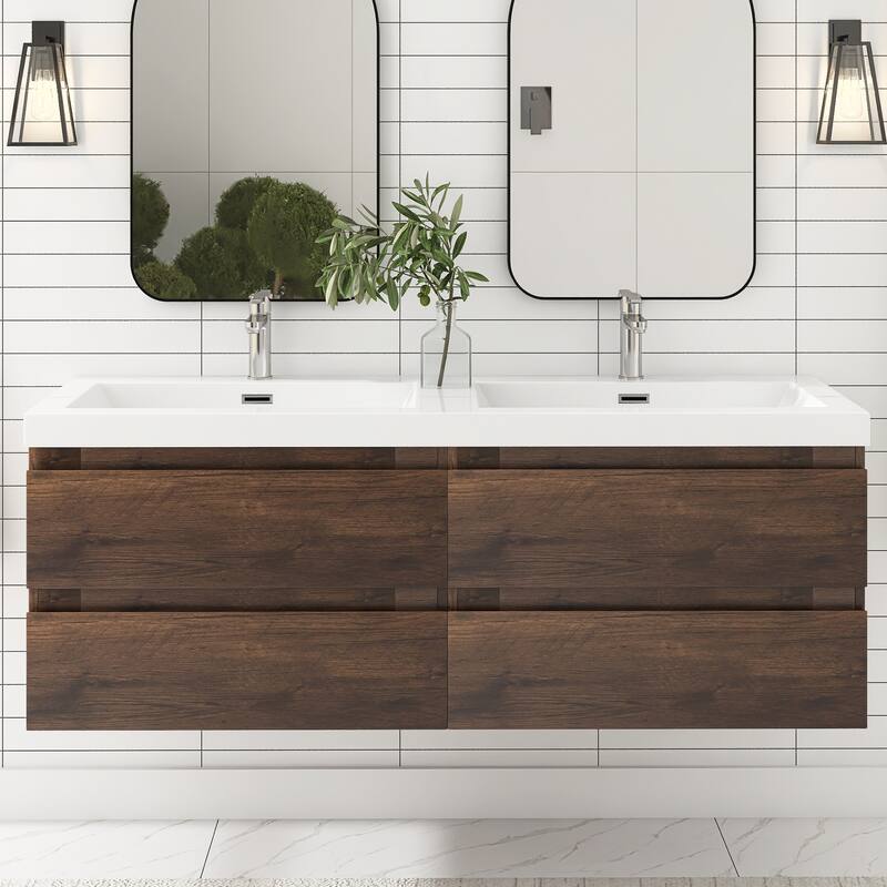 Floating Bathroom Vanity with two Resin Top - Rose Wood - 59.06'' x 19.69'' x 22.44''