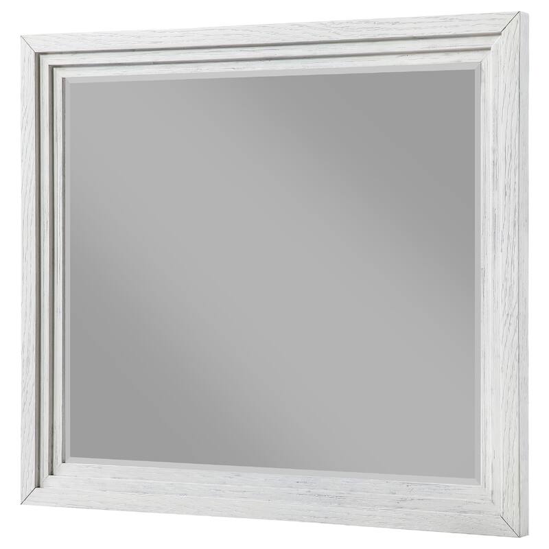Leva Dresser Mirror, Distressed White Wood, Beveled Glass, 38 Inch - Distressed White