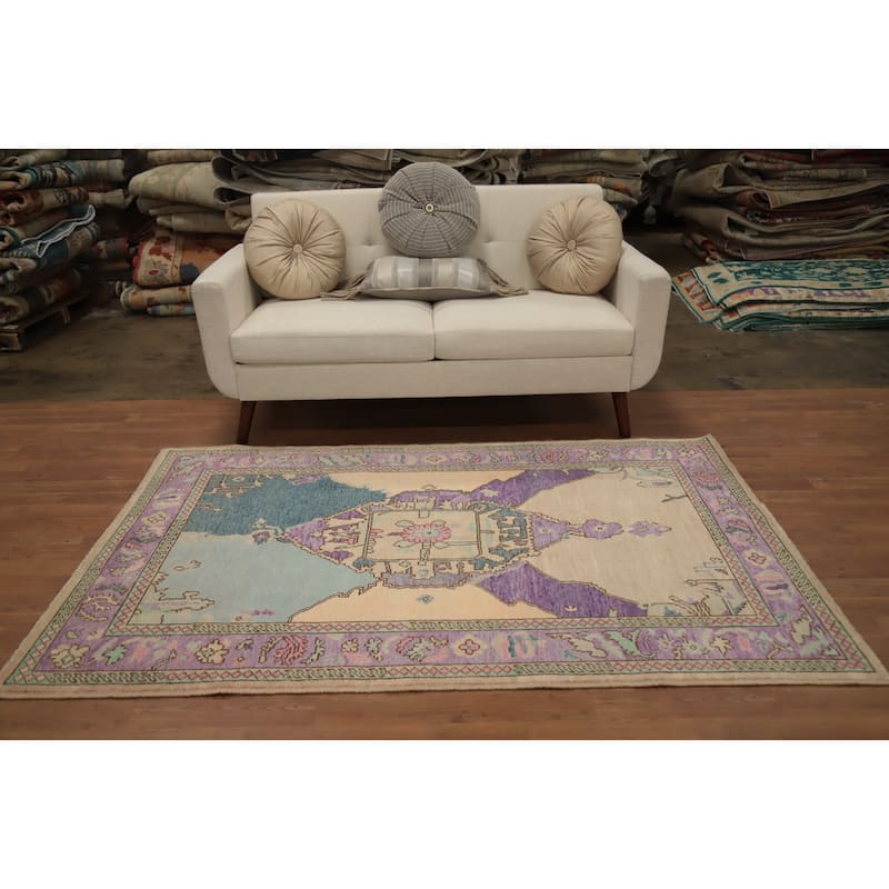 Hand Knotted Oriental 100% Wool Carpet Transitional Medallion Purples Oushak Area Rug - 6' 7'' X 4' 3''