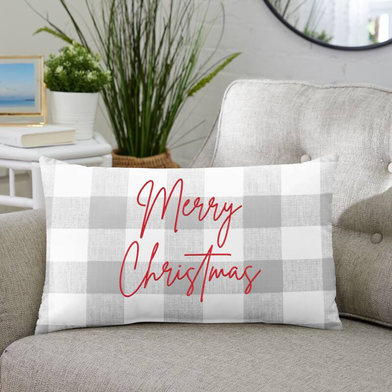 Merry Christmas Grey Buffalo Plaid Indoor/ Outdoor Pillow, 13 in x 20 in