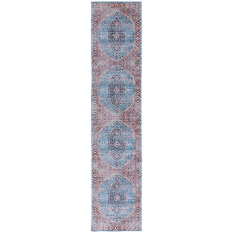 SAFAVIEH Serapi Machine Washable Nolia Medallion Distressed Rug - 2' x 9' Runner - Blue/Orange