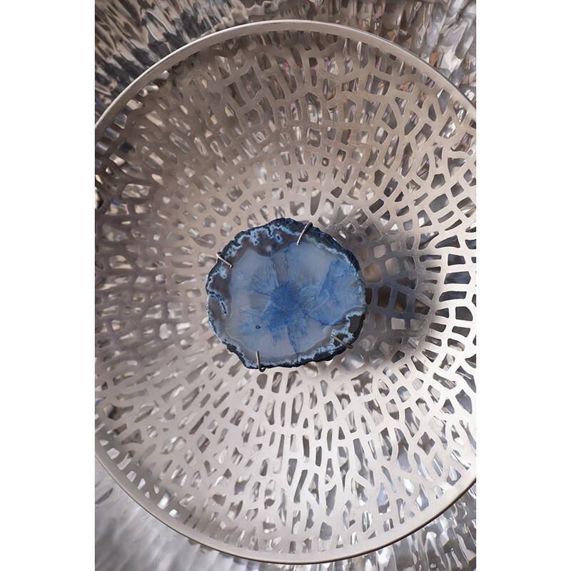 Set of 3, Modern Wall Decor Silver Textured Oversized Disc with Blue Agate, for Living Room Bedrrom Entryway Office