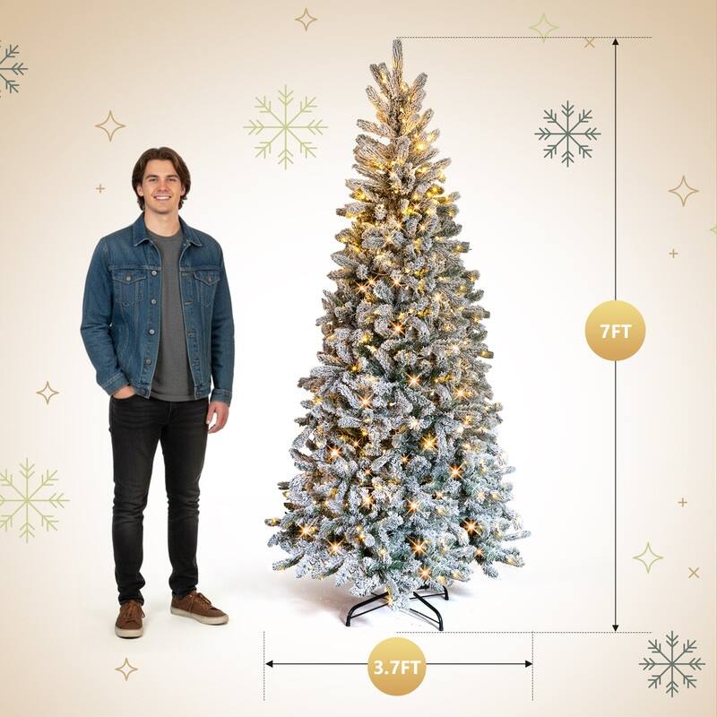 7 FT Snow Flocked Pre-lit Artificial Pencil Christmas Tree, Hinged Xmas Pine Tree for Holiday Party Office Home, Snowy Green