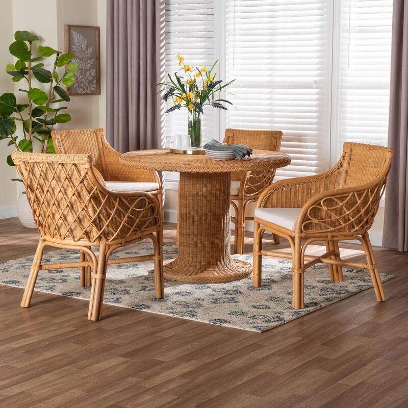 Wymond 5-Piece Rattan Dining Set - Round Wicker Table with Pedestal Base and 4 Armchairs, Woven Boho Coastal Style for Dining
