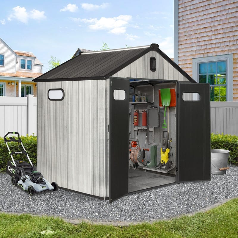 Domi Outdoor Resin Storage Shed, Waterproof Plastic Garden Shed with Lockable Door, Windows & Vents, Outside Tool Storage Shed