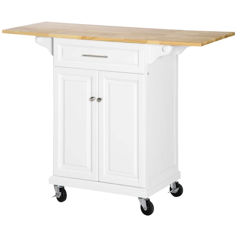 Modern Kitchen Island Drop Leaf Trolley Cart with Wheels 1 Drawer, 1 Door Cabinet and 2 Towel Racks, for Kitchen