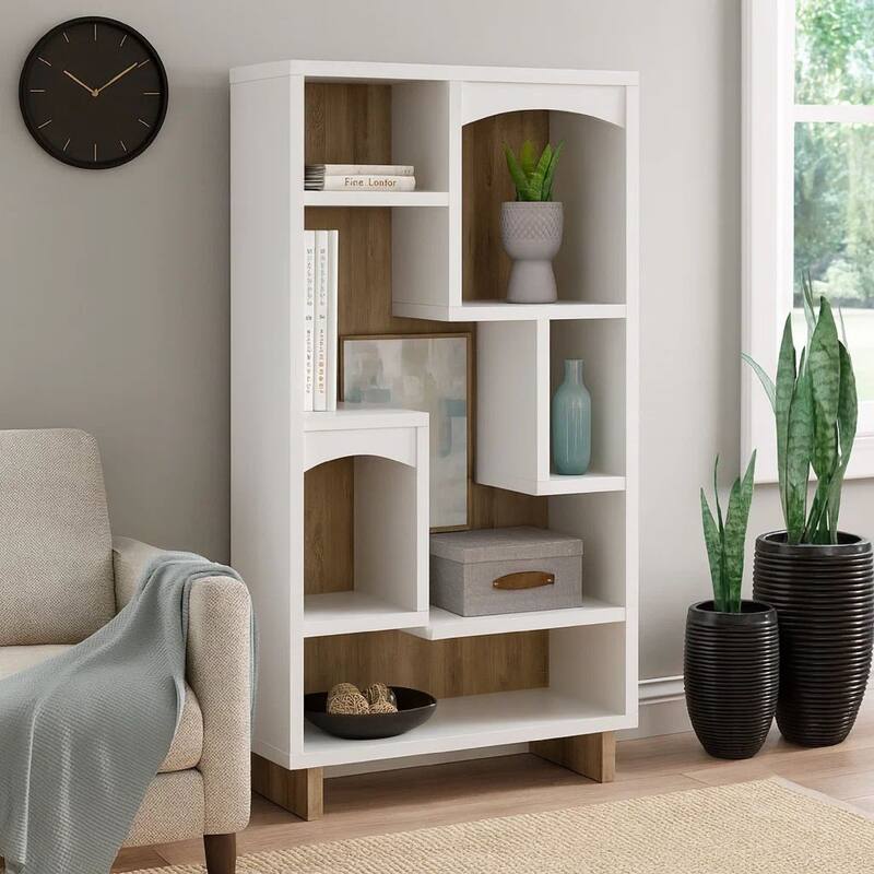 Aton Bookcase, Multiple Shelves and Compartments, Distressed White